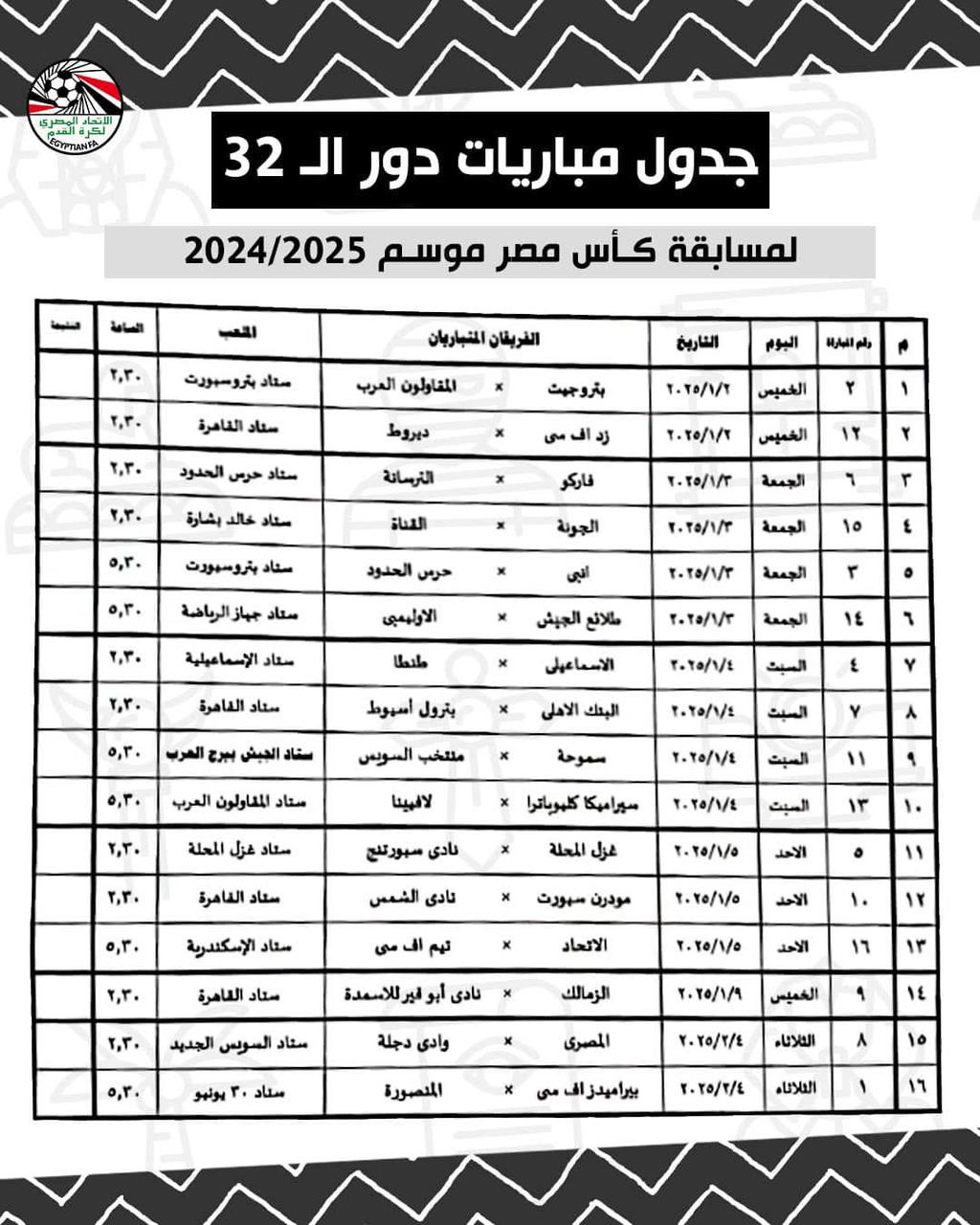 جدول مباريات كأس مصر بعد التعديل، فيتو