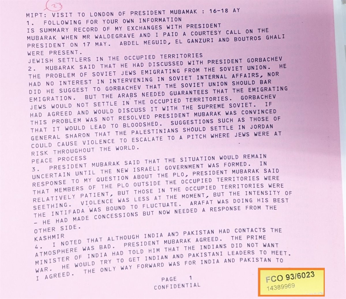 وثائق زيارة مبارك إلى بريطانيا، فيتو