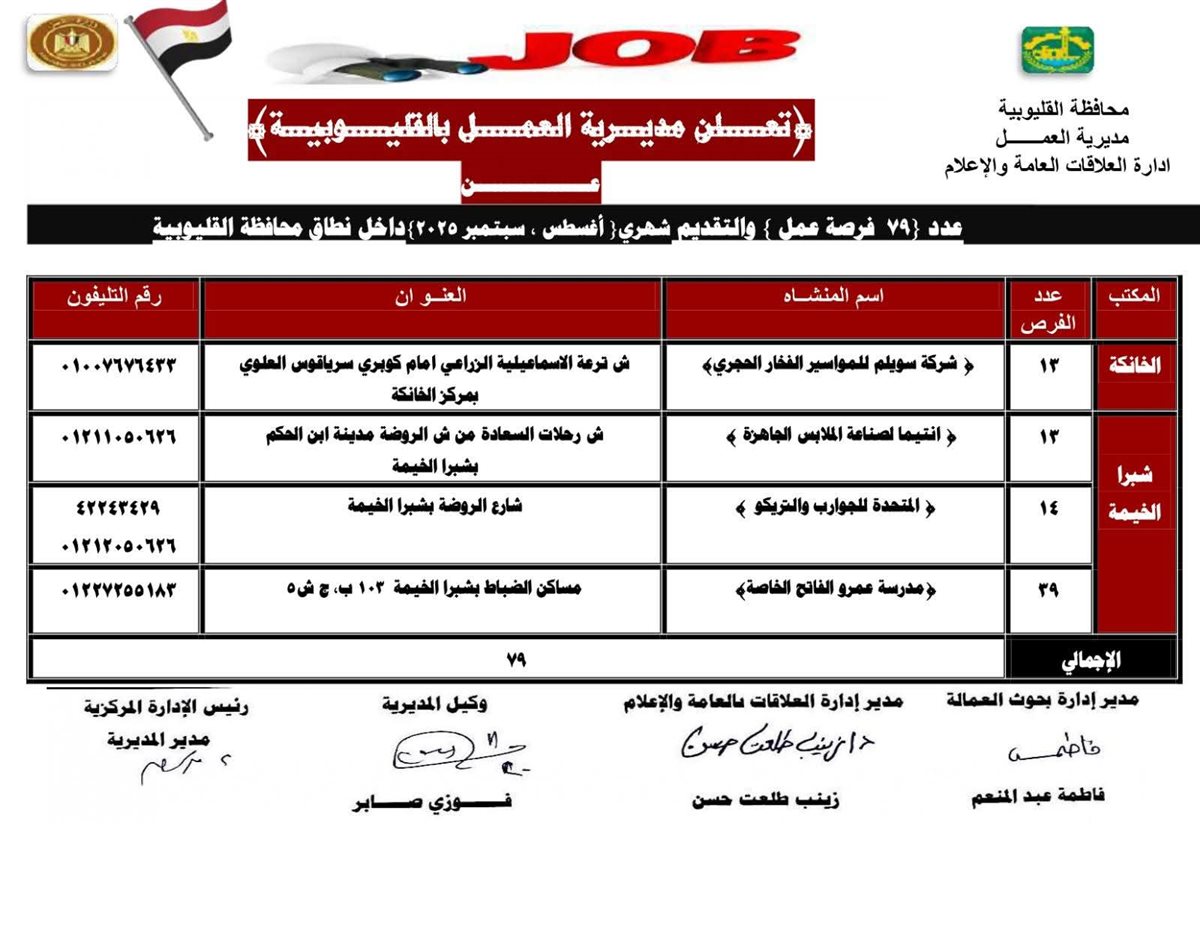 توفير فرض عمل بالقليوبية،فيتو