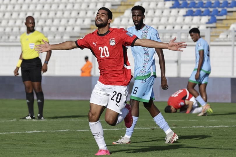 إبرتهيم عادل يحتفل بهدف منتخب مصر الأول أمام جيبوتي