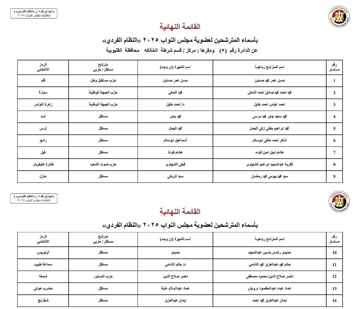 القائمة النهائية لمرشحو النواب بالقليوبية، فيتو&nbsp;