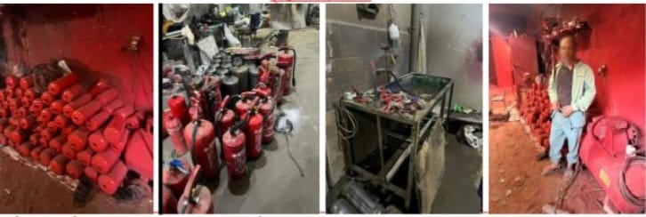 ضبط مصنع وورشة لتصنيع وتعبئة طفايات الحريق من مواد مجهولة المصدر &nbsp;فى المرج