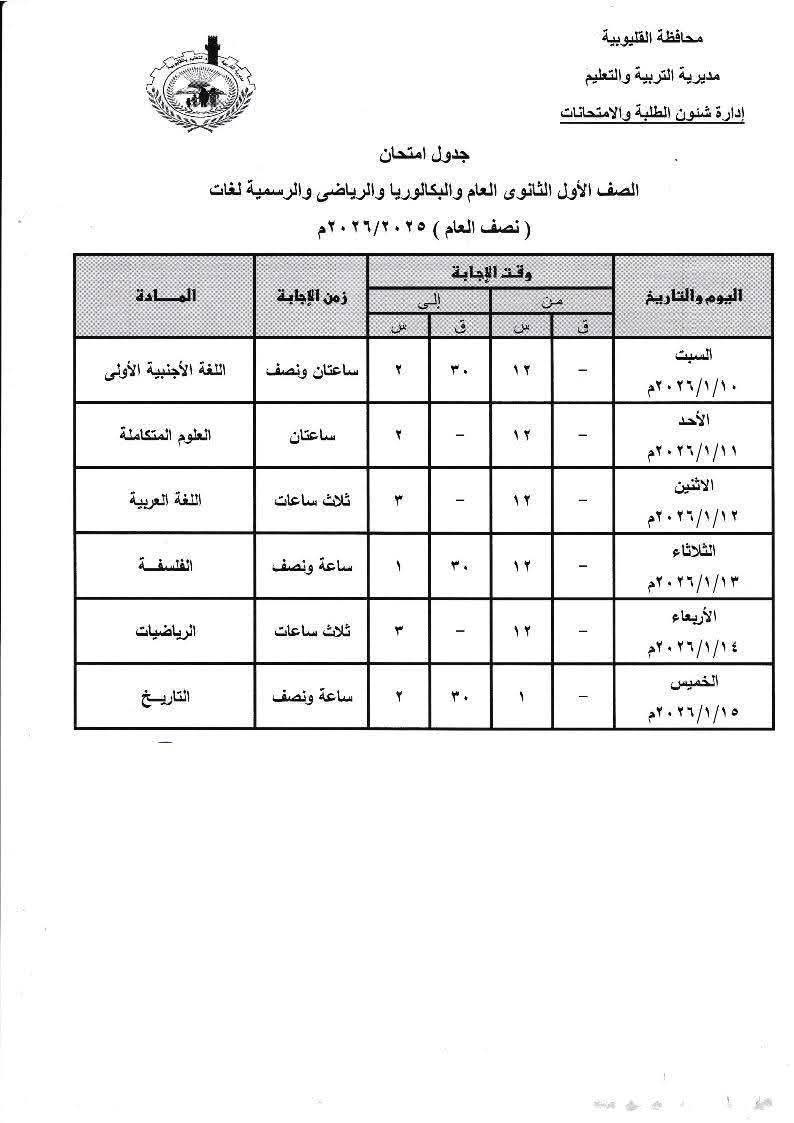 جدول امتحان النقل للثانوي والبكالوريا القليوبية، فيتو&nbsp;