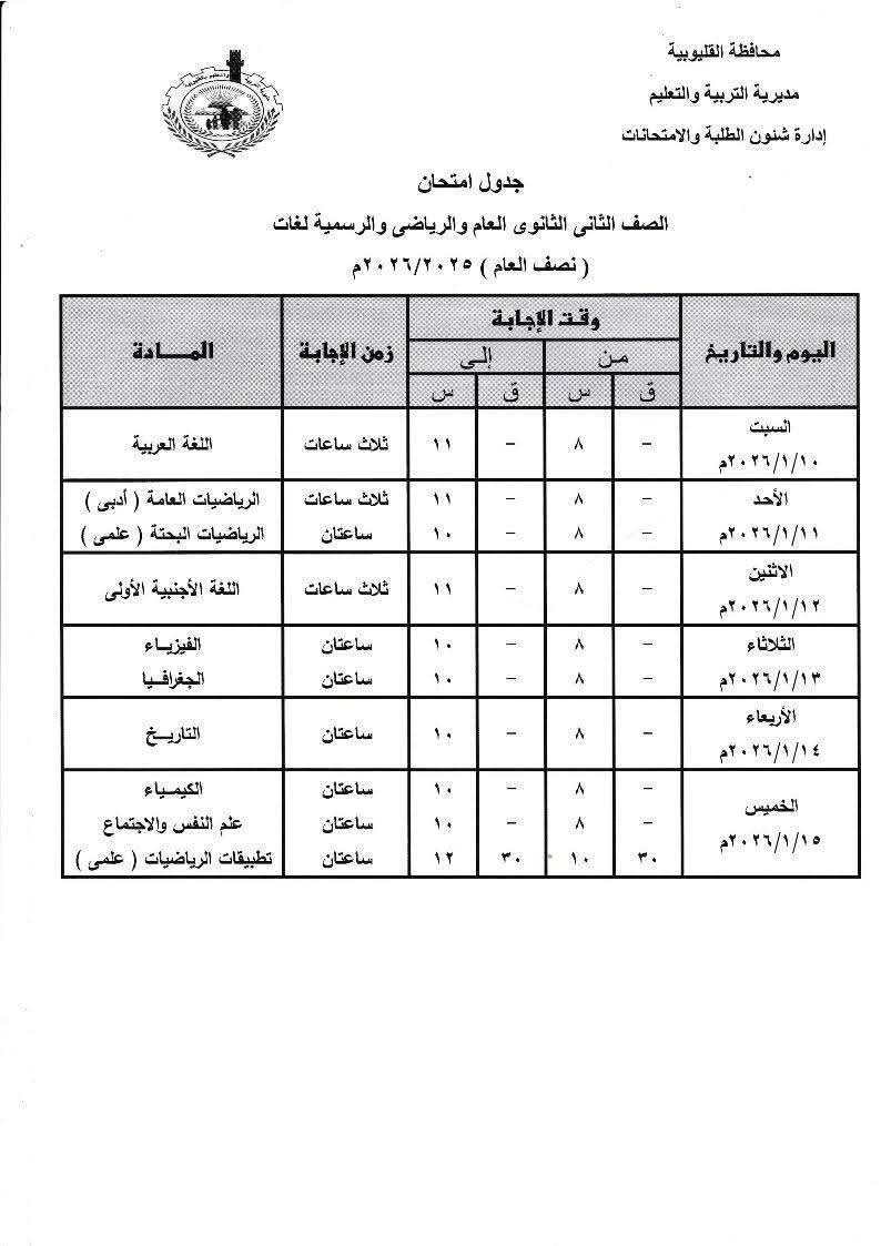 جدول امتحان النقل للثانوي والبكالوريا القليوبية، فيتو&nbsp;