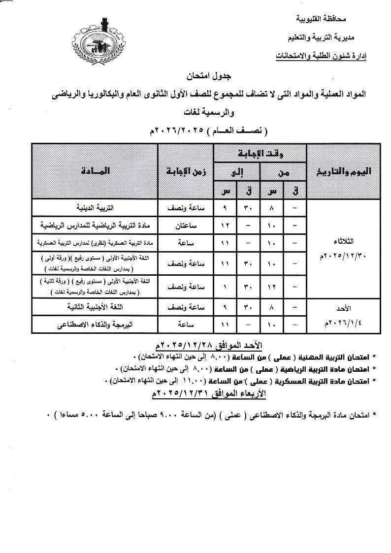 جدول امتحان النقل للثانوي والبكالوريا القليوبية، فيتو&nbsp;