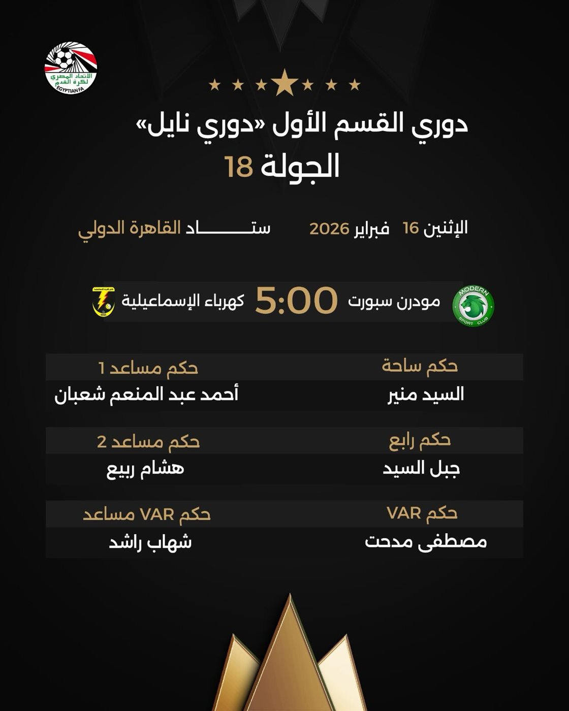 حكام مباراة مودرن سبورت ضد كهرباء الإسماعيلية، فيتو