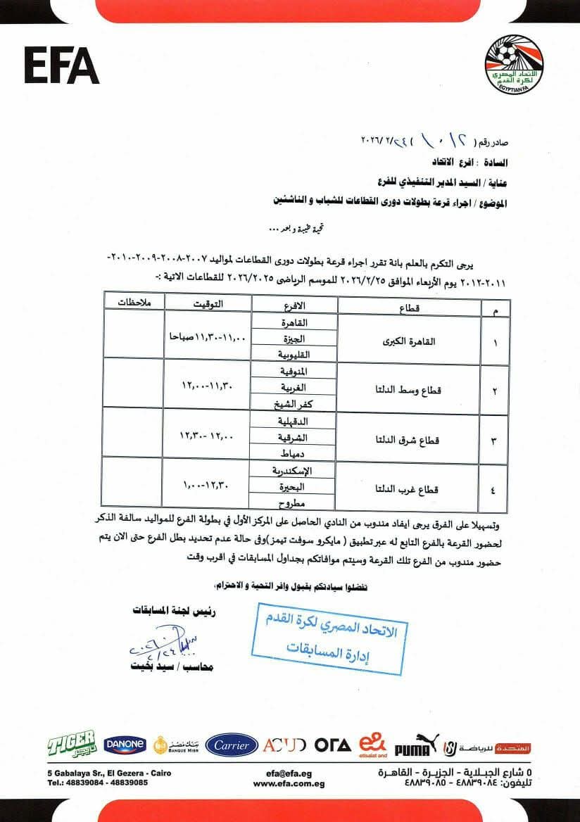 مواعيد قرعة بطولات القطاعات للشباب والناشئين، فيتو