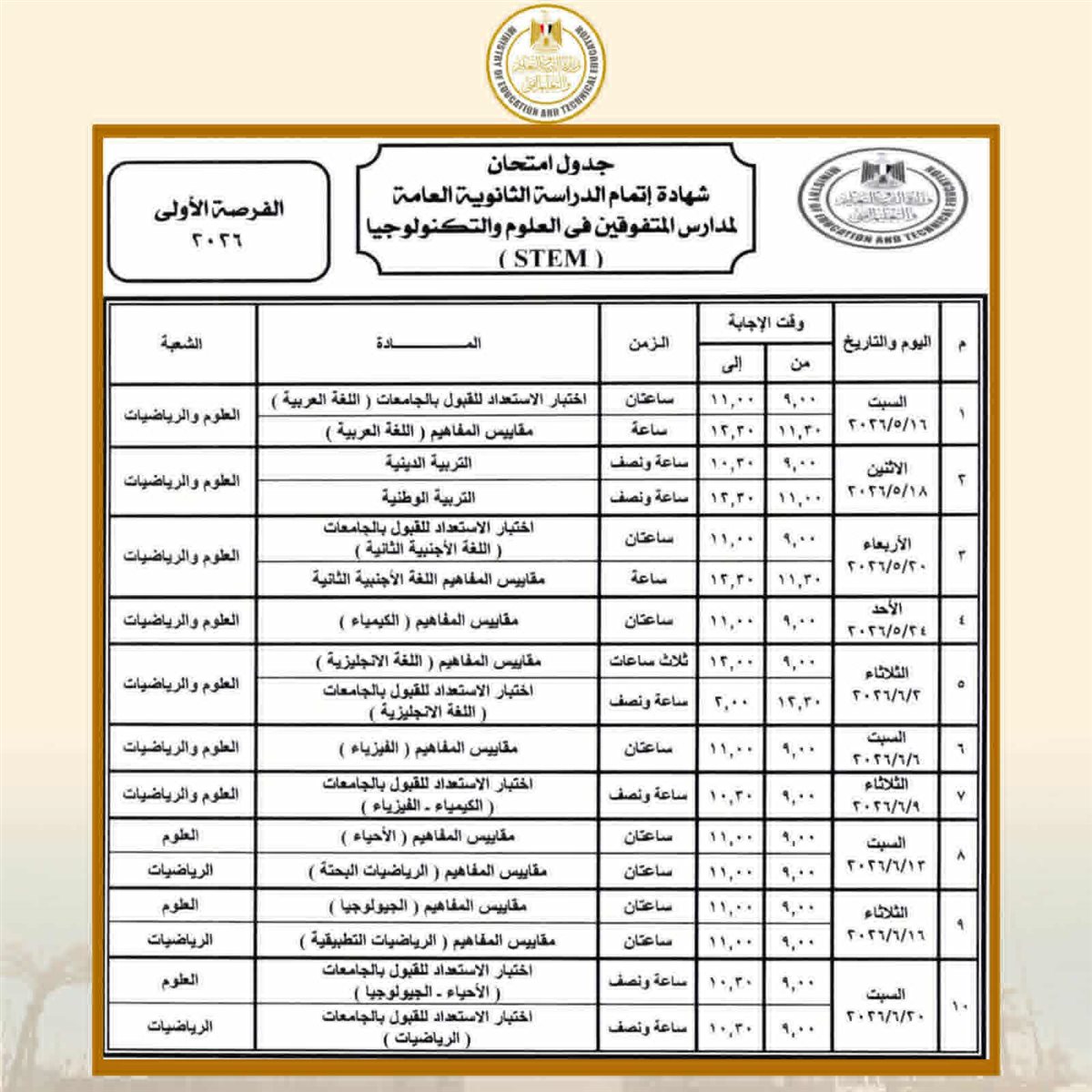 جداول امتحانات الدور الأول لشهادة إتمام الثانوية العامة للنظامين للعام الدراسي 2025 / 2026، فيتو