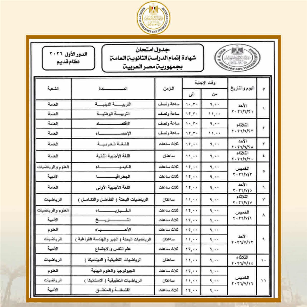 جداول امتحانات الدور الأول لشهادة إتمام الثانوية العامة للنظامين للعام الدراسي 2025 / 2026، فيتو