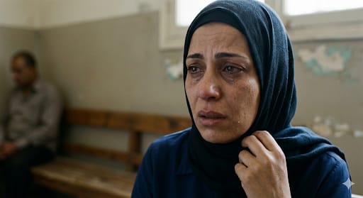 ملامح الألم والحزن على وجه الأم كما صورها الذكاء الاصطناعي