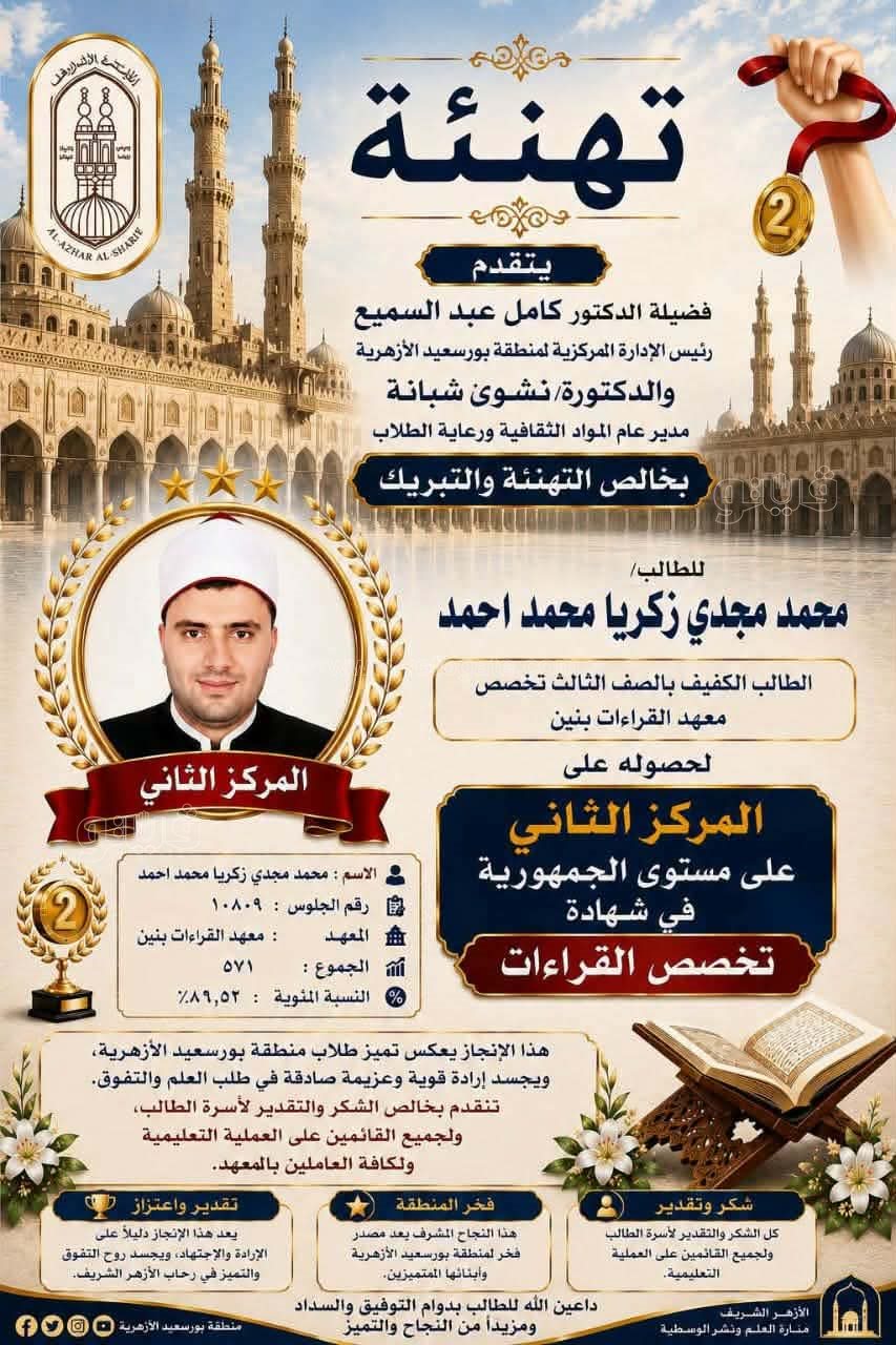 &nbsp;الطالب محمد مجدي زكريا يحصد المركز الثاني على مستوى الجمهورية في «التخصص القراءات»