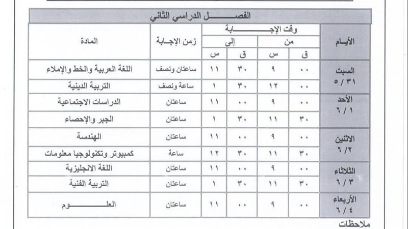 جدول امتحانات الشهادة