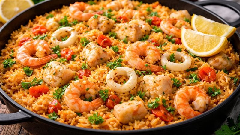 أرز بالجمبري والكاليماري،